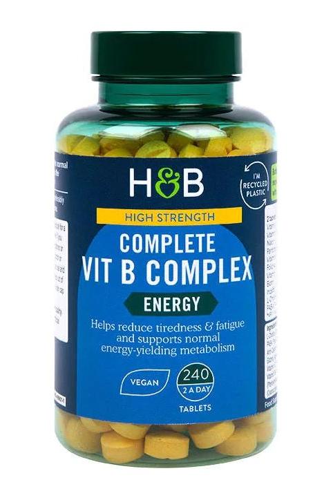 Holland & Barrett High Strength Complete Vit B Complex bottle, 240 tablets, vegan, supports energy metabolism.