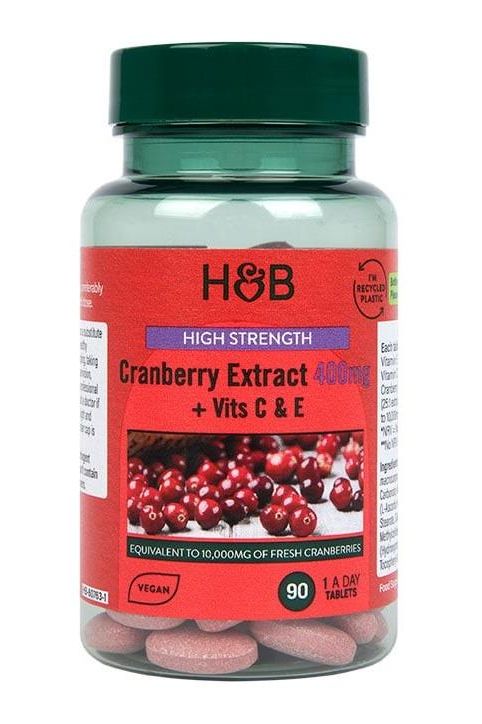 High Strength Cranberry Extract 400mg with Vitamins C and E by Holland & Barrett, 90 tablets in a clear bottle.