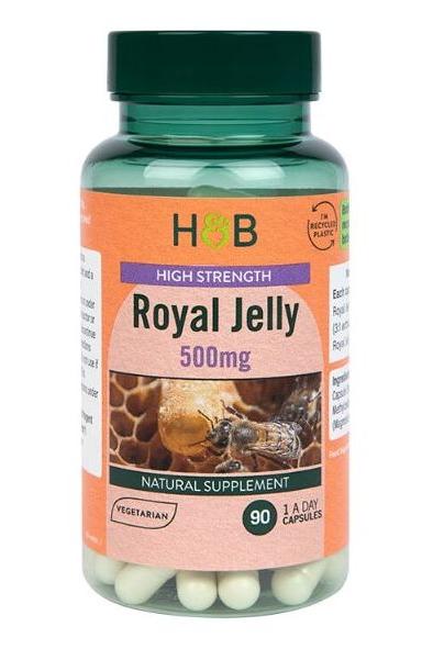 Holland & Barrett High Strength Royal Jelly 500mg capsules, vegetarian-friendly natural supplement in a bottle.