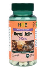 Holland & Barrett High Strength Royal Jelly 500mg capsules, vegetarian-friendly natural supplement in a bottle.