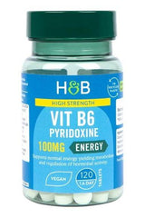 Holland & Barrett High Strength Vitamin B6 100mg tablets, supports energy metabolism and hormonal regulation, vegan-friendly.