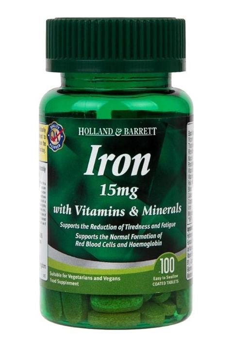 Holland & Barrett Iron 15mg with Vitamins & Minerals, supports red blood cell formation, vegetarian-friendly, 100 caplets.
