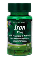 Holland & Barrett Iron 15mg with Vitamins & Minerals, supports red blood cell formation, vegetarian-friendly, 100 caplets.