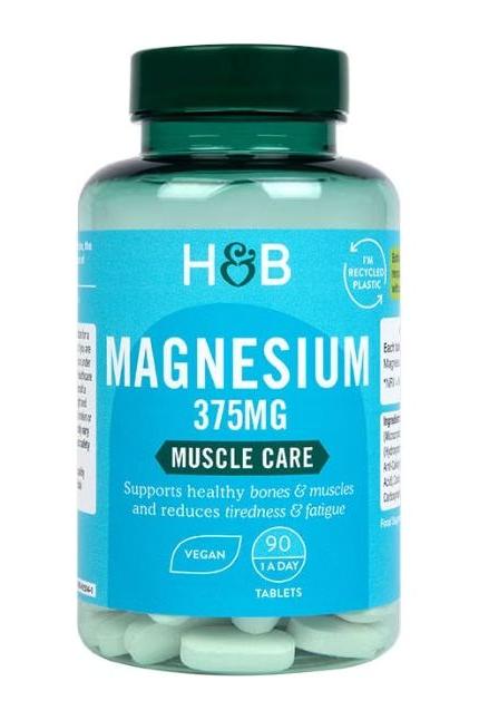 Holland & Barrett Magnesium 375mg supplement bottle for healthy bones and muscles, 90 vegan tablets, supports muscle care.