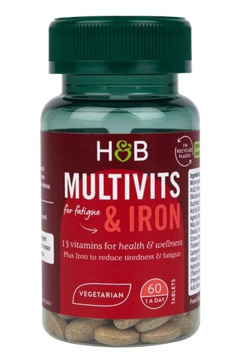 Holland & Barrett Multivits & Iron supplement bottle for energy and immune support, vegetarian, 60 tablets.