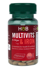 Holland & Barrett Multivits & Iron supplement bottle for energy and immune support, vegetarian, 60 tablets.