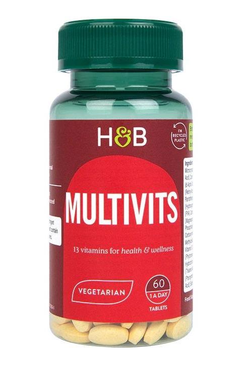 Holland & Barrett Multivits bottle featuring 13 essential vitamins for health and wellness, vegetarian-friendly.
