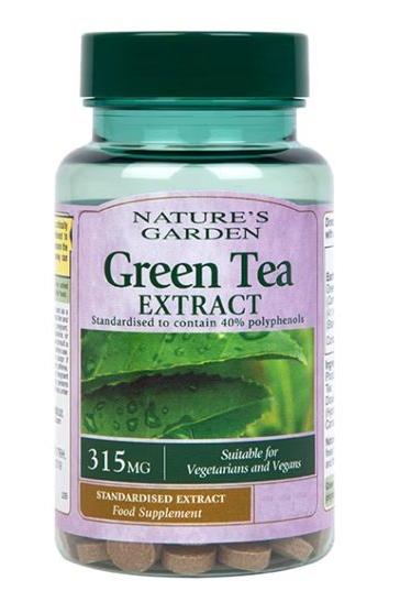 Nature's Garden Green Tea Extract tablets, 315mg, suitable for vegetarians and vegans, dietary supplement with 40% polyphenols.
