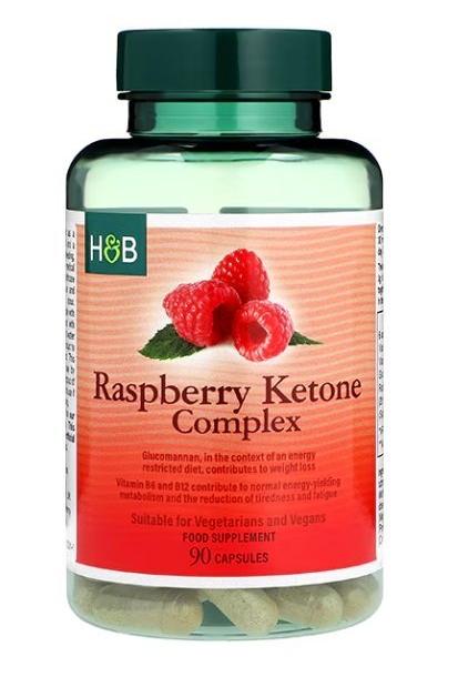 Holland & Barrett Raspberry Ketone Complex food supplement bottle with 90 capsules for weight loss support.