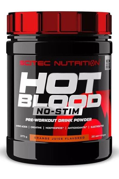 Hot Blood No-Stim pre-workout drink powder in a black container with red lid, orange juice flavor.