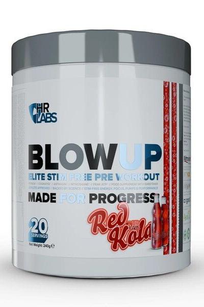 HR Labs Blow UP elite stim-free pre-workout, 20 servings, designed for energy and performance without caffeine.