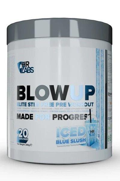 HR Labs Blow Up stim-free pre-workout powder, iced blue slush flavor, 20 servings for increased energy and focus.