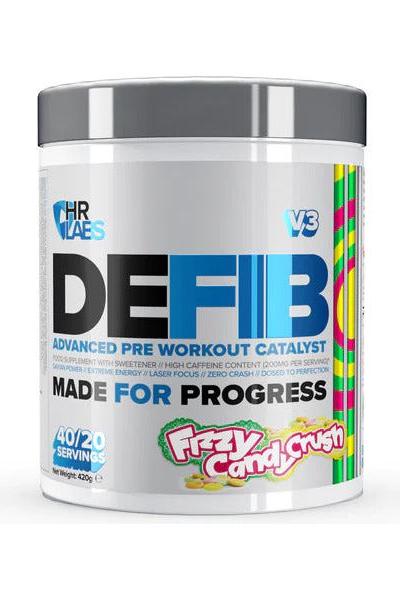 HR Labs Defib V3 Advanced Pre Workout Catalyst in Fizzy Candy Crush flavor, high energy boost, and focus for workouts.