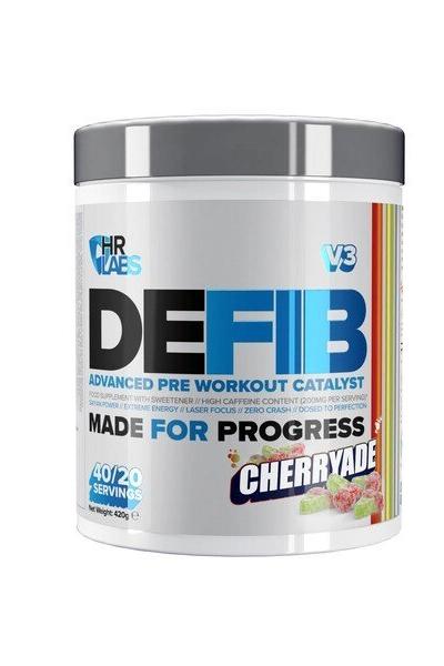 HR Labs Defib V3 Pre Workout Catalyst in Cherryaade flavor, 20 servings, designed for energy and focus during workouts.