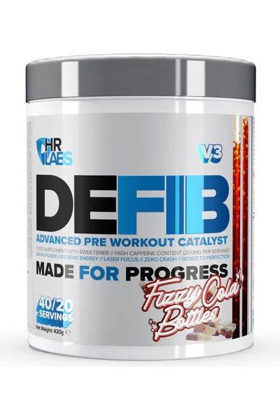 HR Labs Defib V3 Advanced Pre Workout Catalyst with Fizzy Cola Bottles flavor in container, 40/20 servings.