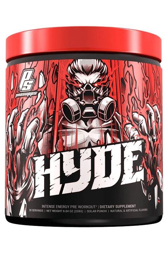 Pro Supps HYDE pre workout container with intense energy graphics and nutrition info, perfect for intense training.