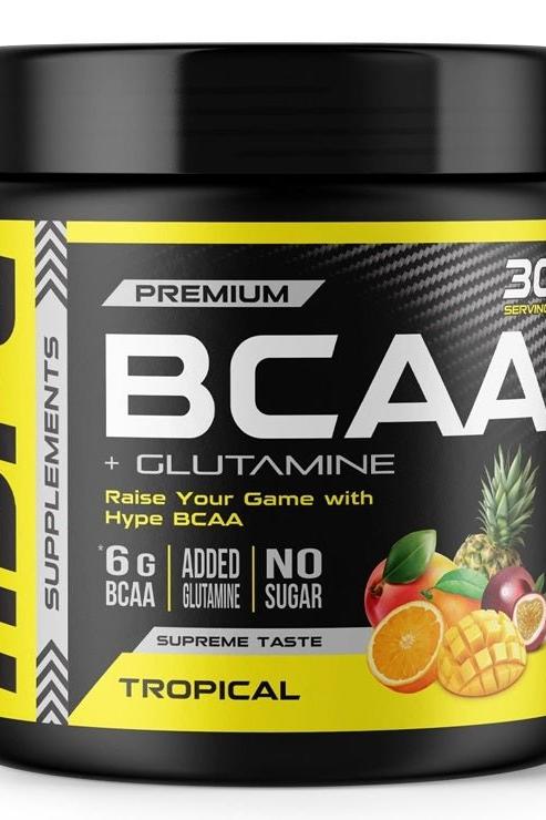 Hype BCAA + Glutamine supplement in Tropical flavor with 6g BCAA, no sugar, and added glutamine for muscle recovery.