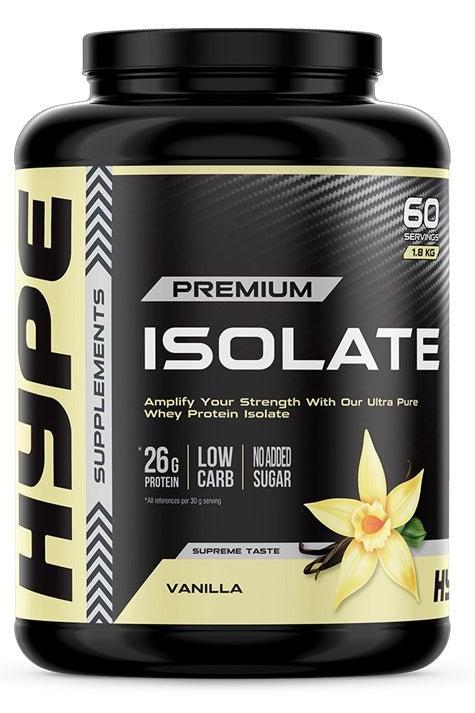 Hype Isolate Protein Vanilla, 26g protein, low carb, no added sugar, 1.8 kg tub, premium whey isolate supplement.