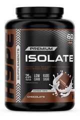 Hype Isolate Protein powder in chocolate flavor, featuring low carb, 25g protein, and no added sugar.