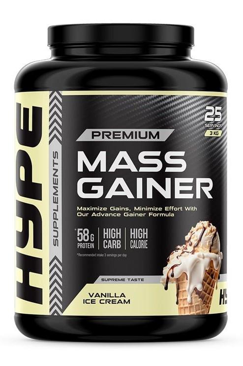 Hype Mass Gainer protein supplement in vanilla ice cream flavor, designed for muscle gain and recovery.