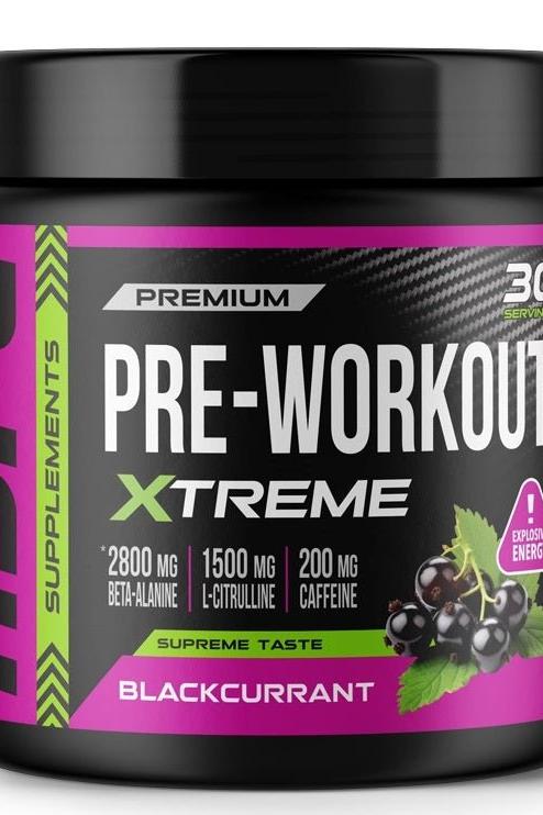 Hype Pre-Workout Xtreme supplement jar with blackcurrant flavor, featuring 2800mg Beta-Alanine, 1500mg L-Citrulline.