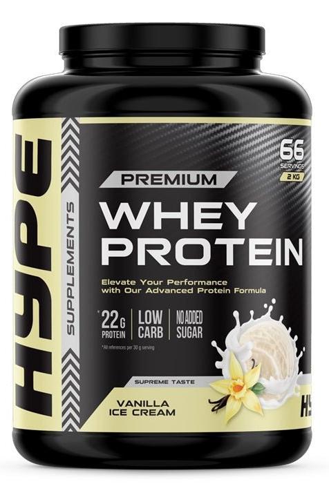 Hype Whey Protein supplement jar, 2 kg, vanilla ice cream flavor, 22g protein per serving, low carb, no added sugar.