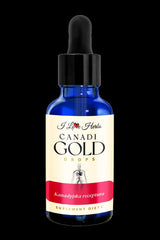 I Love Herbs Canadi Gold Drops bottle with blue liquid, promoting heart health and circulation support.