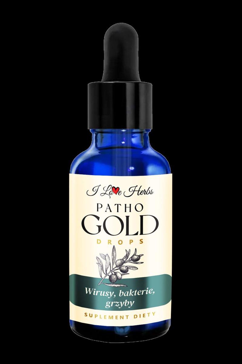 I Love Herbs Patho Gold Drops bottle for viruses, bacteria, and fungi support, 50 ml. Natural and effective formula.