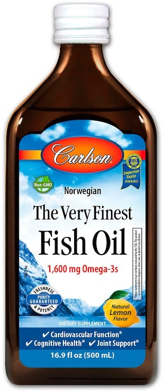 The Very Finest Fish Oil flaska framsida close-up