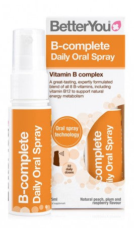 B-Complete Daily Oral Spray – Persika, Plommon & Hallon framsida