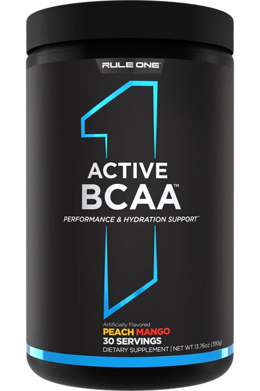 Rule One Active BCAA peach mango flavor, 30 servings, dietary supplement for muscle recovery and hydration.