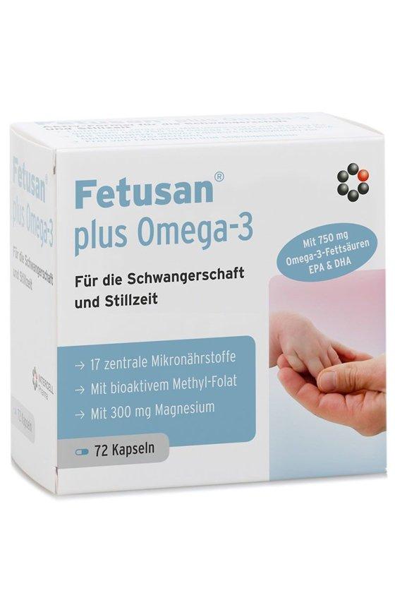 Fetusan Plus Omega-3 supplement box, featuring 72 capsules for pregnancy health.