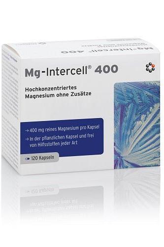 Intercell Pharma Mg-Intercell 400 mg magnesium supplement packaging, 120 capsules in a natural plant-based capsule.