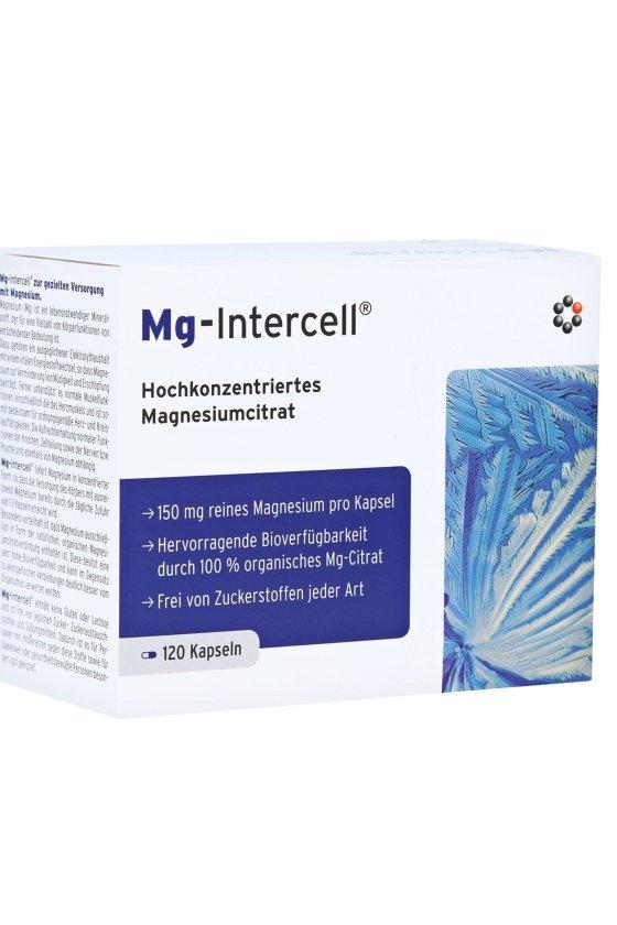 Intercell Pharma Mg-Intercell Magnesium Citrate capsules box, 120 capsules, high-quality organic magnesium citrate.