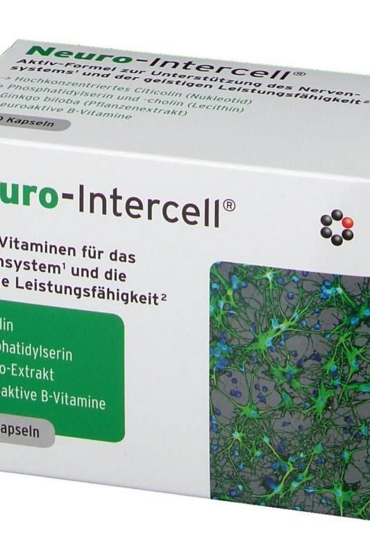 Neuro-Intercell dietary supplement box promoting cognitive support and nerve function with active ingredients listed.