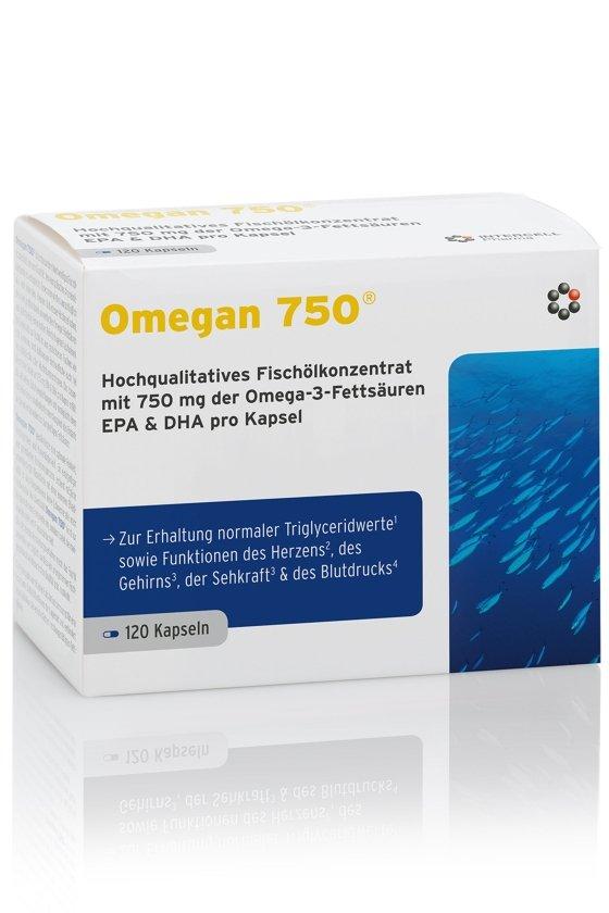 Omegan 750 fish oil concentrate box packaging with 120 capsules for heart and brain health.