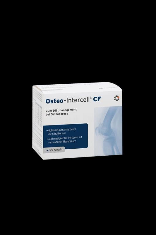 Osteo-Intercell CF box with 120 capsules for bone health management in osteoporosis.