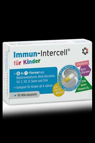 Immun-Intercell dietary supplement for children in a microcapsule format, supports immunity and overall health.