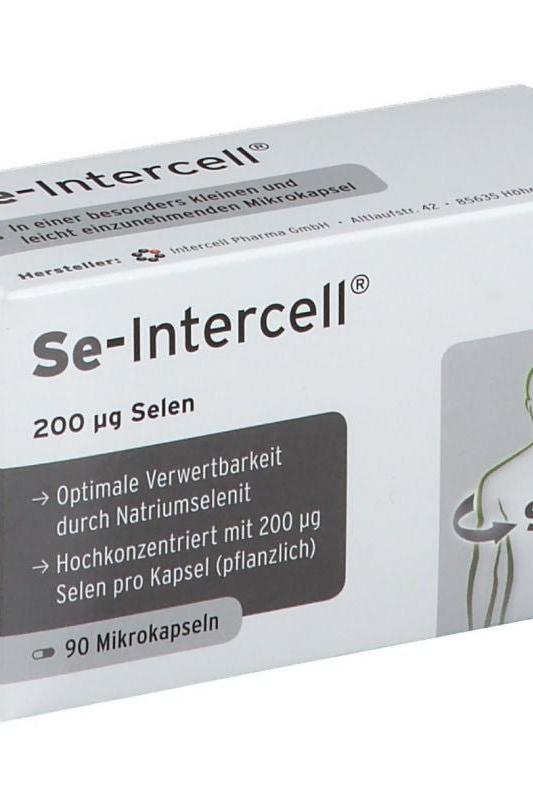 Intercell Pharma Se-Intercell selenium supplement box for reproductive health, containing 90 capsules of 200 µg selenium.