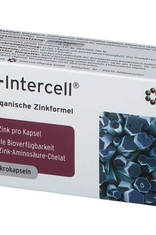 Intercell Pharma Zn-Intercell zinc capsules packaging highlighting zinc bioavailability and formulation.