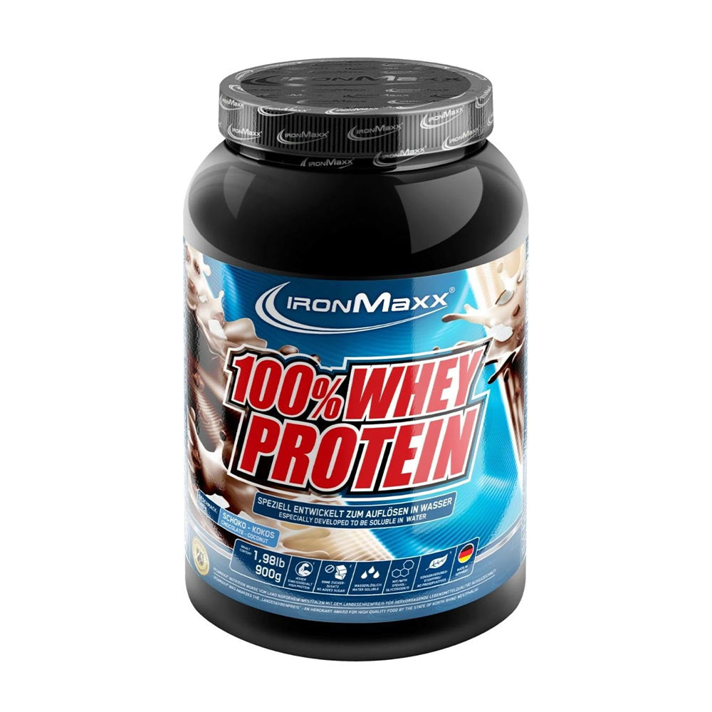 Ironmaxx 100% Whey Protein powder container, high protein content, ideal for muscle growth, flavors, and high solubility.