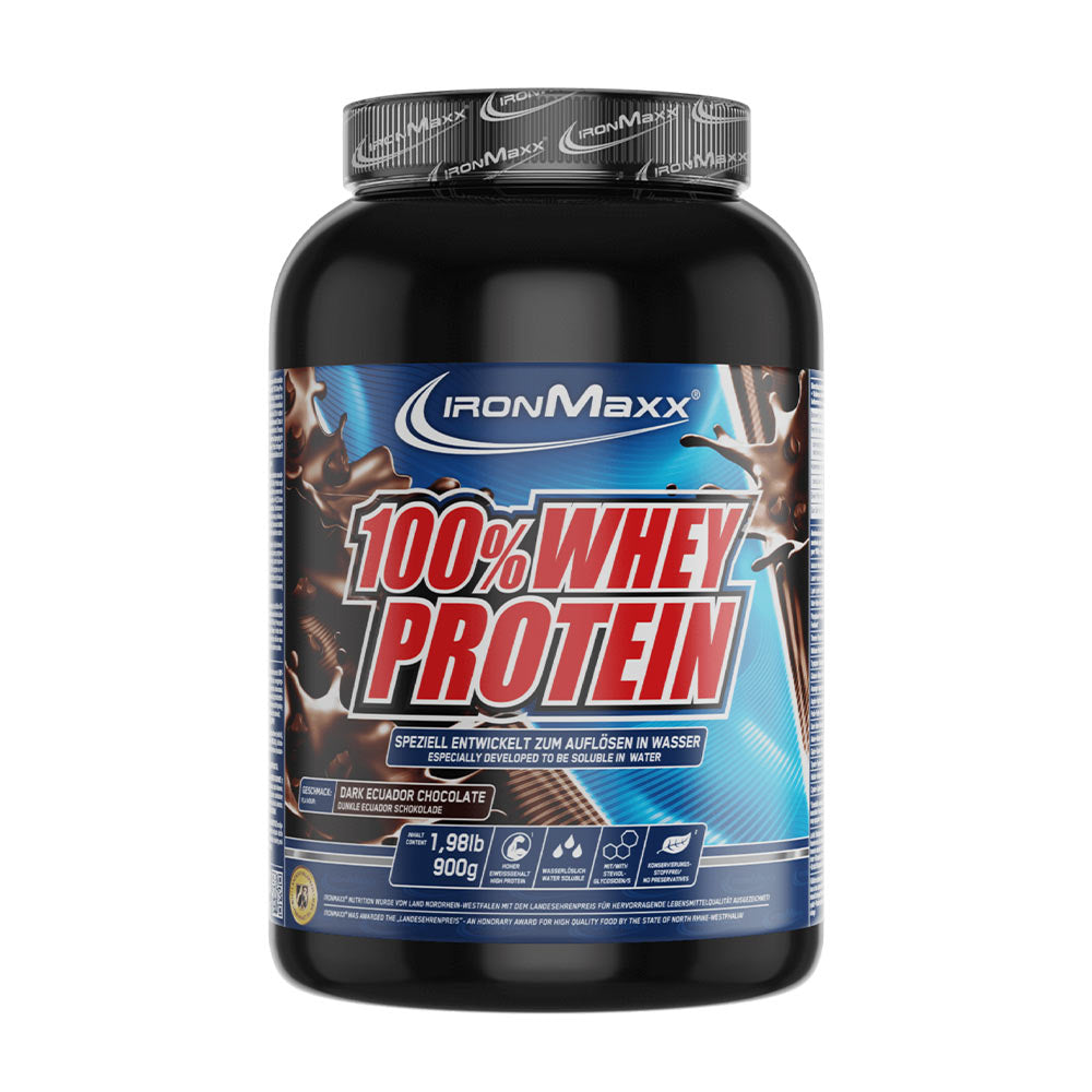 Ironmaxx 100% Whey Protein powder in chocolate flavor, optimal for muscle growth and high protein intake.