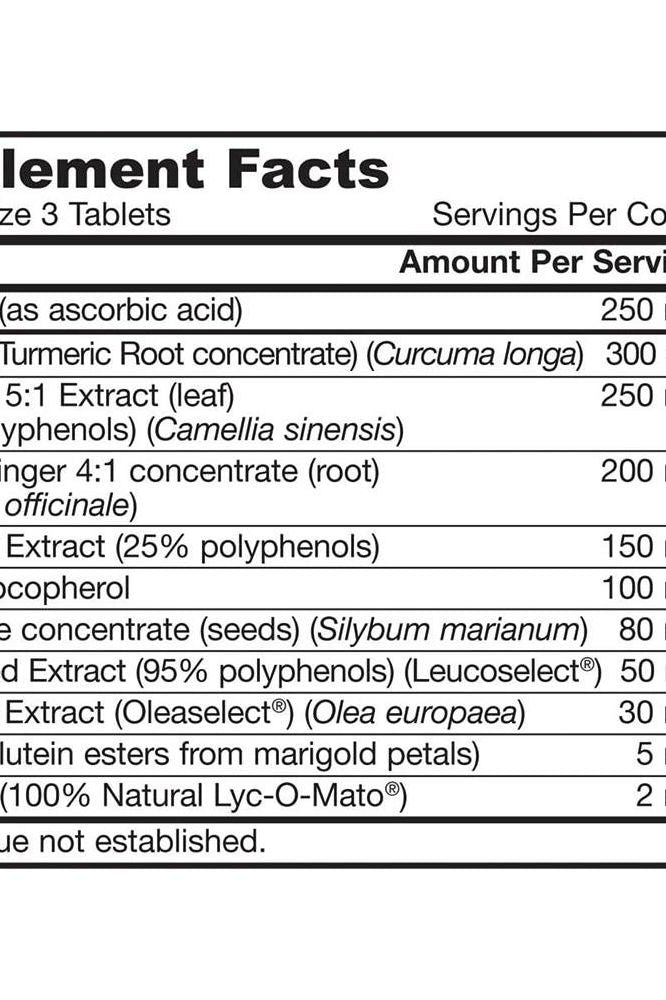 Supplement facts for Jarrow Formulas Antioxidant Optimizer, detailing ingredients and amounts per serving.