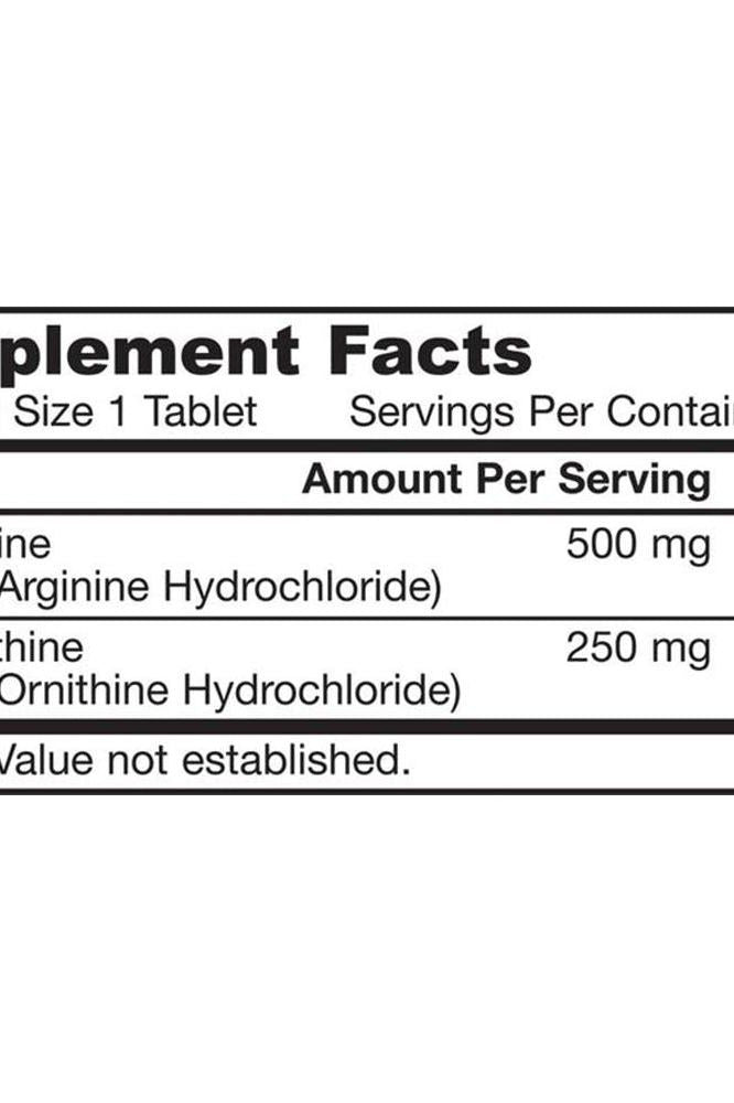 Supplement Facts for Jarrow Formulas Arginine + Ornithine showing ingredients and serving amounts.
