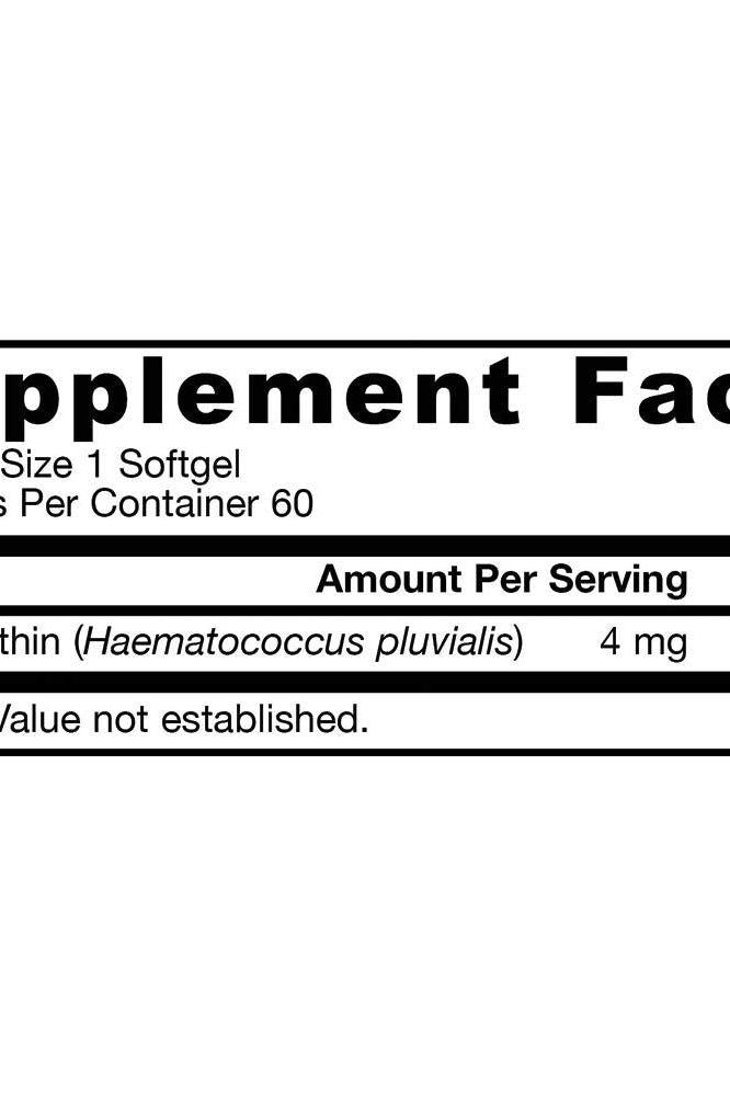 Supplement facts for Jarrow Formulas Astaxanthin softgels, detailing ingredients and serving size.