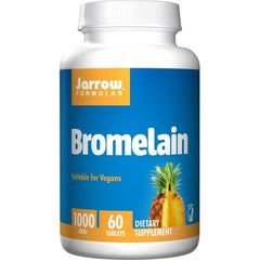 Jarrow Formulas Bromelain dietary supplement bottle, vegan, 1000 GDU, 60 tablets, promoting digestion.