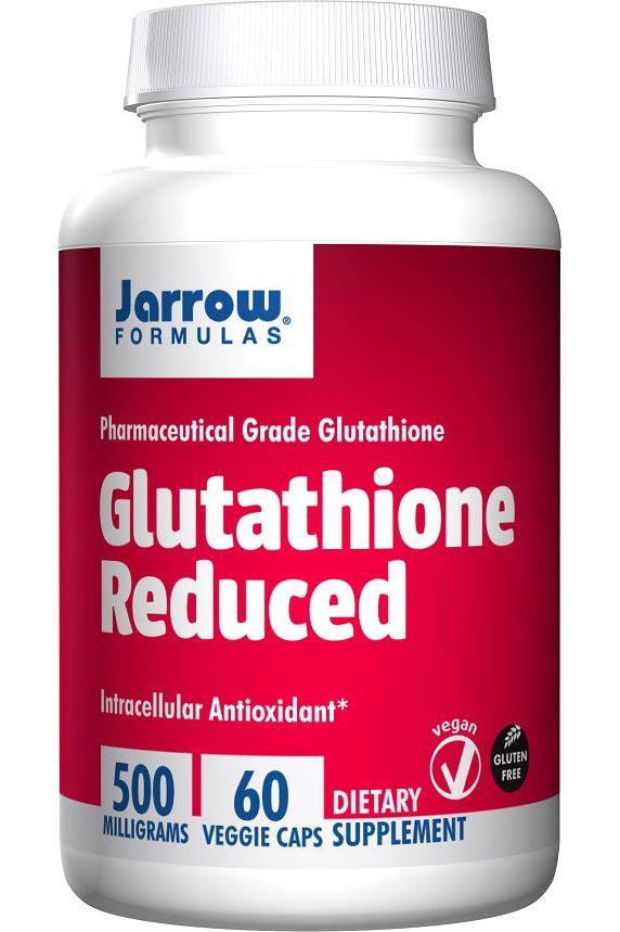 Jarrow Formulas Glutathione Reduced supplement bottle, 500 mg, 60 vegan capsules, powerful intracellular antioxidant