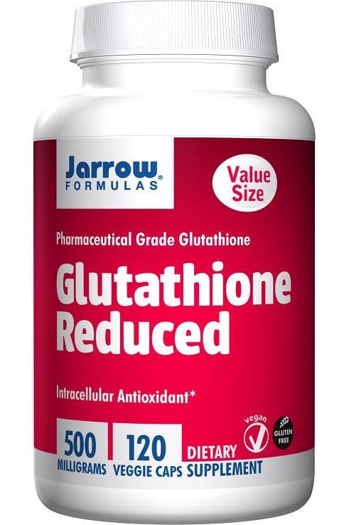 Jarrow Formulas Glutathione Reduced dietary supplement bottle, 500 mg, 120 veggie capsules, vegan and gluten-free.