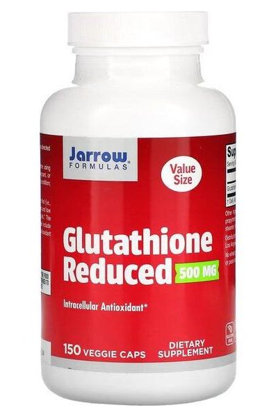 Jarrow Formulas Glutathione Reduced 500 mg dietary supplement bottle with 150 veggie caps for optimal health.