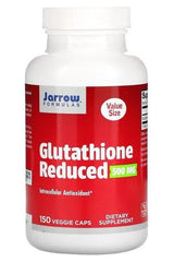Jarrow Formulas Glutathione Reduced 500 mg dietary supplement bottle with 150 veggie caps for optimal health.